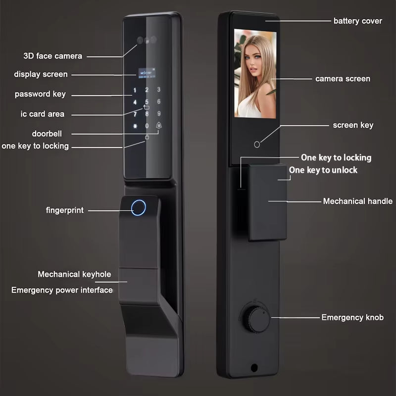 Alexa Voice Control Smart Door Lock Tuya APP 3D Face Recognition Electronic Digital Smart Door Lock with Camera