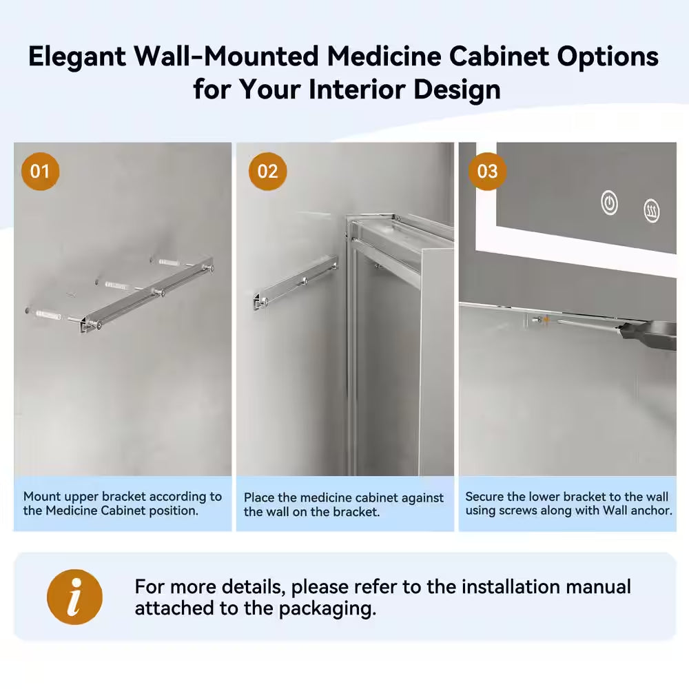 24 In. W X 30 In. H Rectangular Aluminum Light Medicine Cabinet with Mirror, Defogging, Mounted Recessed or Surface