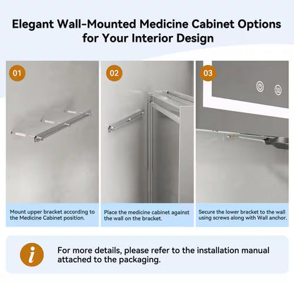 24 In. W X 30 In. H Rectangular Aluminum Light Medicine Cabinet with Mirror, Defogging, Mounted Recessed or Surface