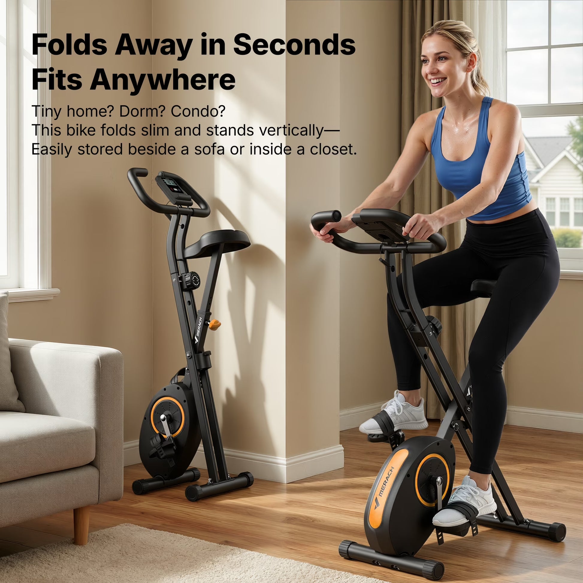 Folding Exercise Bike, Exercise Bike with LCD Display, Magnetic Fitness Bike for Home with Comfortable Seat, Space Saving, Cardio Training, Maximum Capacity 300 Lbs