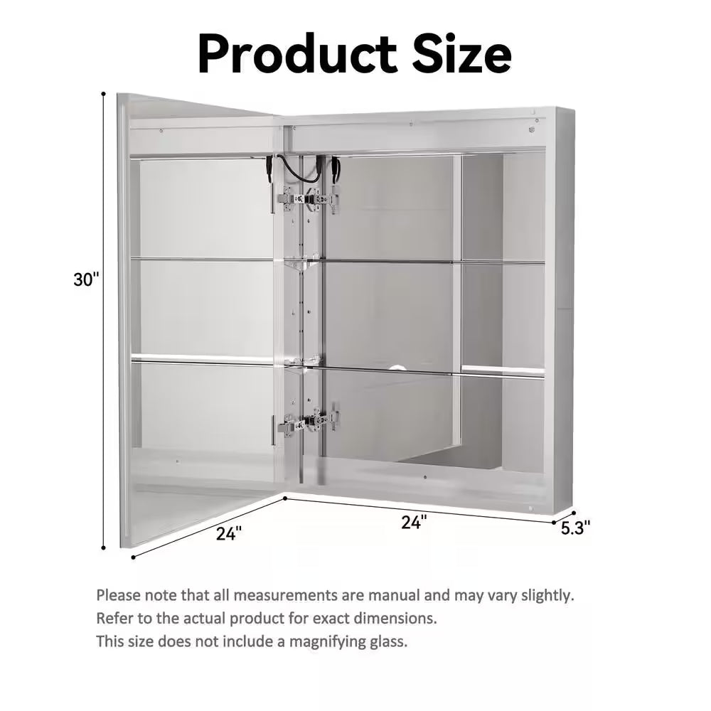24 In. W X 30 In. H Rectangular Aluminum Light Medicine Cabinet with Mirror, Defogging, Mounted Recessed or Surface