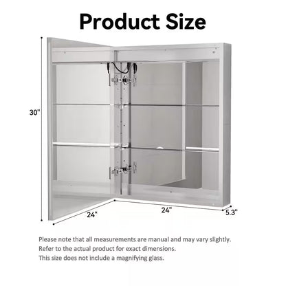24 In. W X 30 In. H Rectangular Aluminum Light Medicine Cabinet with Mirror, Defogging, Mounted Recessed or Surface