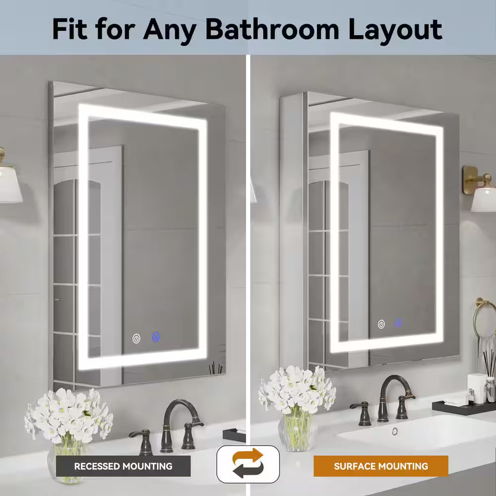 24 In. W X 30 In. H Rectangular Aluminum Light Medicine Cabinet with Mirror, Defogging, Mounted Recessed or Surface