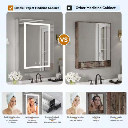 24 In. W X 30 In. H Rectangular Aluminum Light Medicine Cabinet with Mirror, Defogging, Mounted Recessed or Surface