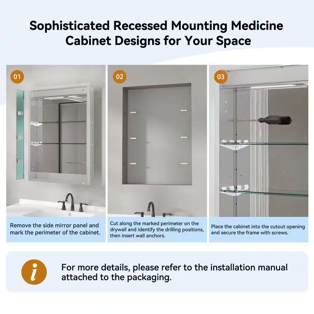24 In. W X 30 In. H Rectangular Aluminum Light Medicine Cabinet with Mirror, Defogging, Mounted Recessed or Surface