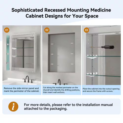 24 In. W X 30 In. H Rectangular Aluminum Light Medicine Cabinet with Mirror, Defogging, Mounted Recessed or Surface