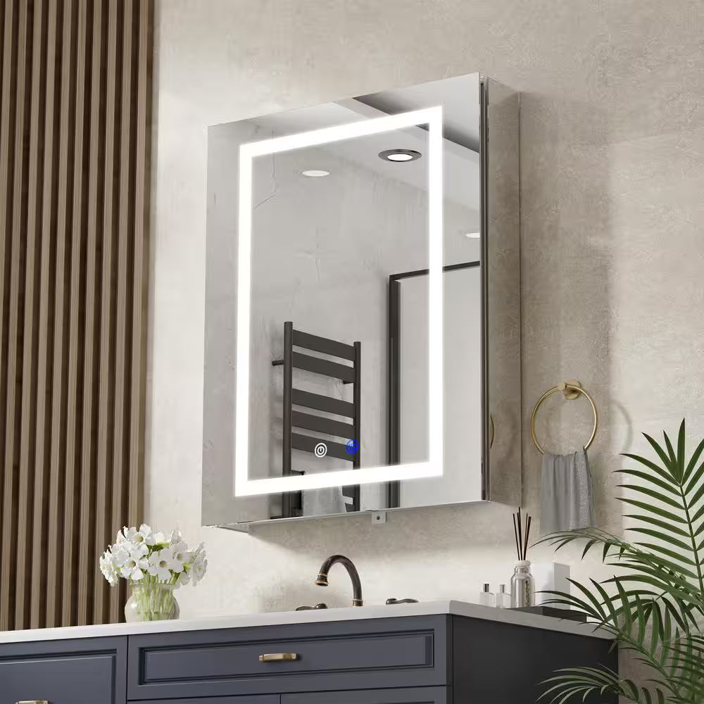 24 In. W X 30 In. H Rectangular Aluminum Light Medicine Cabinet with Mirror, Defogging, Mounted Recessed or Surface